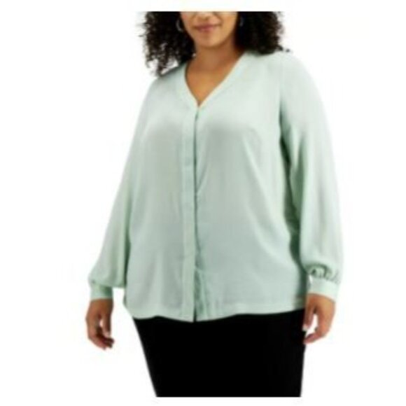 Alfani Blouse 1X Womens Mint Green V Neck Button Down Long Sleeve Polyester - Picture 2 of 10